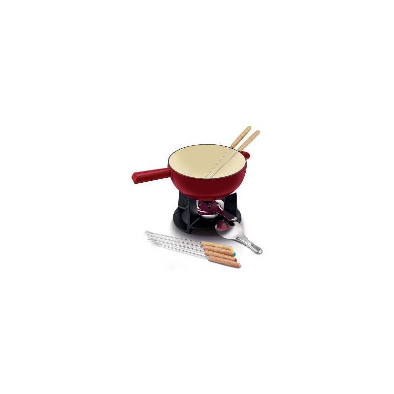 Service à fondue en fonte émaillée avec manche en bois