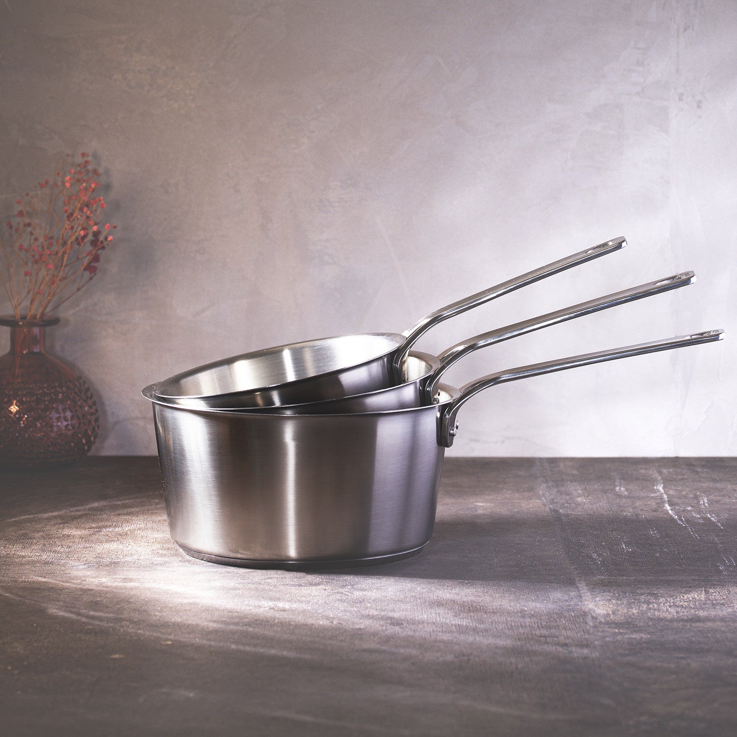 SERIE DE 3 CASSEROLES INOX BROSSE 1826